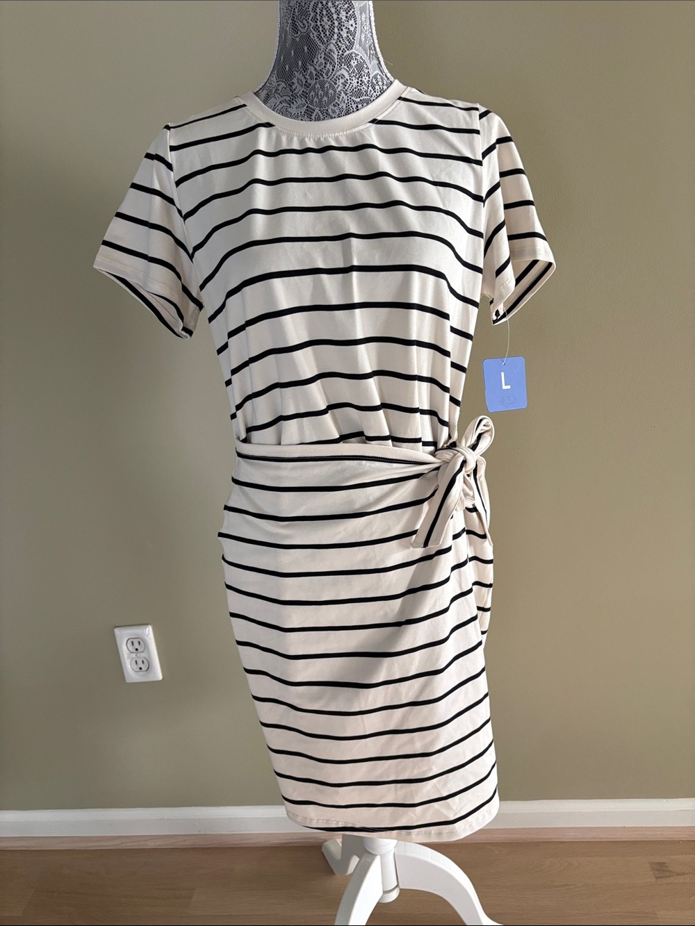 NWT Threads 4 Thought Cream and Black Striped Tie-Waist Dress - Picture 3 of 5